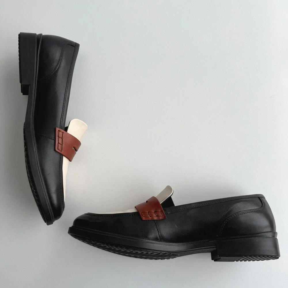 Ecco Dress EUC Classic 15 Penny Loafer Black Limestone Brown Shoes EU 41‎ US 10